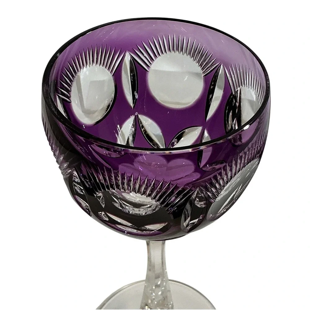 Vintage BOHO Amethyst Purple Cut to Clear Crystal Wine Goblet Faceted Stem 8.25